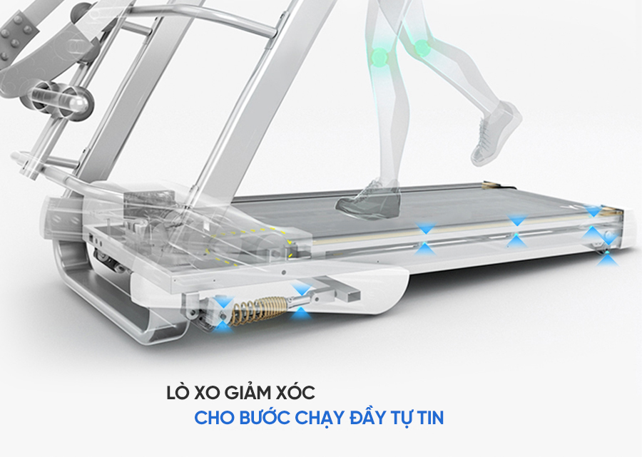 Máy chạy bộ đa năng Haruko K8 được trang bị hệ thống lò xo giảm xóc giúp người dùng trải nghiệm và cảm nhận được những bước chạy một cách tự tin
